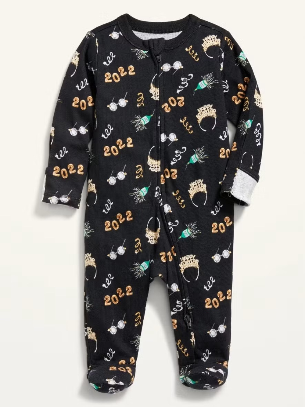 Old Navy Black New Year Party Print Footed One-Piece Pajama for Kids 3-6M